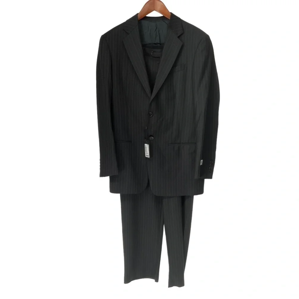 Armani Collezioni Black Wool‎ Pinstripe Men’s Two Button Suit Size 50S NWT